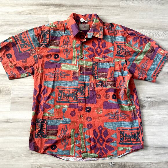 VNTG Territory Ahead Abstract Geometric Casual Hawaiian Button Down Shirt Sz XXL - Picture 1 of 6